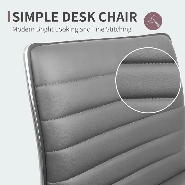 Alt view image 6 of 7 - Armless Vanity Office Chair with Wheels, Small Cute Makeup Desk Chair Ribbed Leather Swivel Computer Task Chair (Gray)