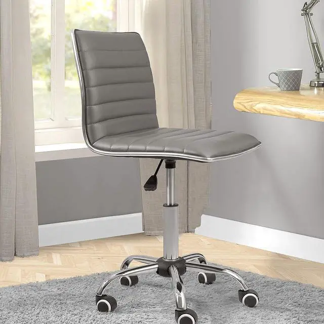 Alt view image 7 of 7 - Armless Vanity Office Chair with Wheels, Small Cute Makeup Desk Chair Ribbed Leather Swivel Computer Task Chair (Gray)