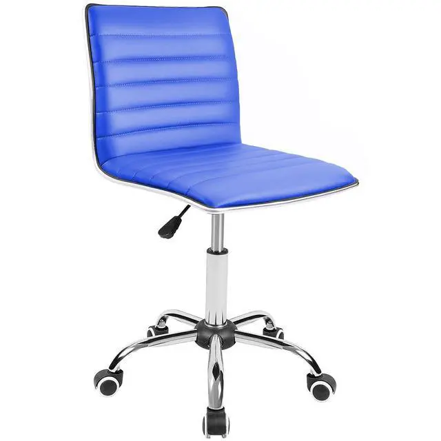 Alt view image 3 of 7 - Armless Vanity Office Chair with Wheels, Small Cute Makeup Desk Chair Ribbed Leather Swivel Computer Task Chair (Blue)