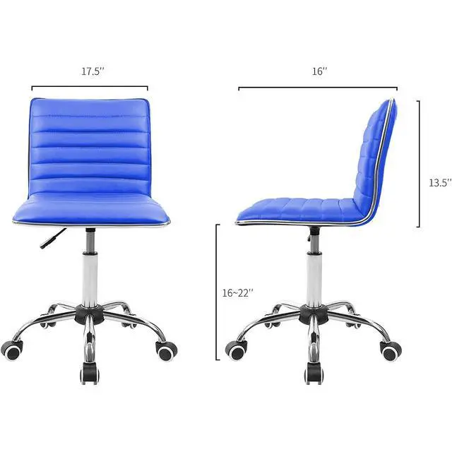 Alt view image 2 of 7 - Armless Vanity Office Chair with Wheels, Small Cute Makeup Desk Chair Ribbed Leather Swivel Computer Task Chair (Blue)
