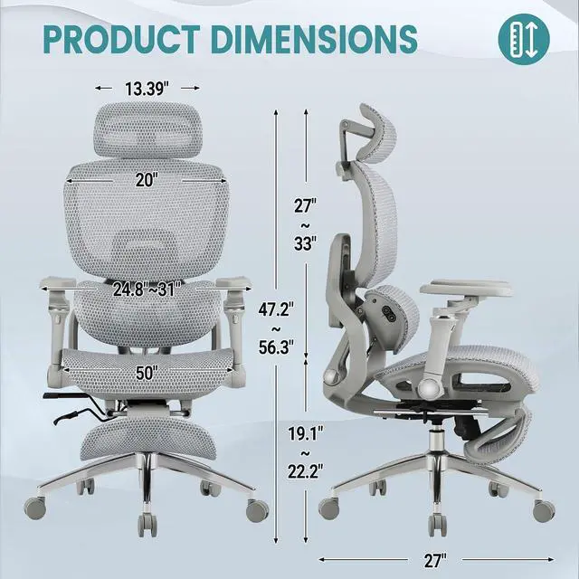Alt view image 3 of 7 - Ergonomic Office Chair with Massage Heated, Reclining Mesh Office Chair with Footrest and 6D Armrest Executive Computer Chair with Adjustable Headrest and Lumbar Support for Home Office Gaming