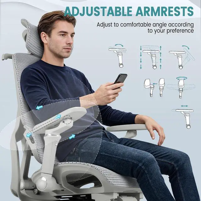 Alt view image 4 of 7 - Ergonomic Office Chair with Massage Heated, Reclining Mesh Office Chair with Footrest and 6D Armrest Executive Computer Chair with Adjustable Headrest and Lumbar Support for Home Office Gaming