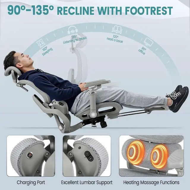 Alt view image 6 of 7 - Ergonomic Office Chair with Massage Heated, Reclining Mesh Office Chair with Footrest and 6D Armrest Executive Computer Chair with Adjustable Headrest and Lumbar Support for Home Office Gaming
