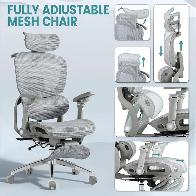 Alt view image 5 of 7 - Ergonomic Office Chair with Massage Heated, Reclining Mesh Office Chair with Footrest and 6D Armrest Executive Computer Chair with Adjustable Headrest and Lumbar Support for Home Office Gaming