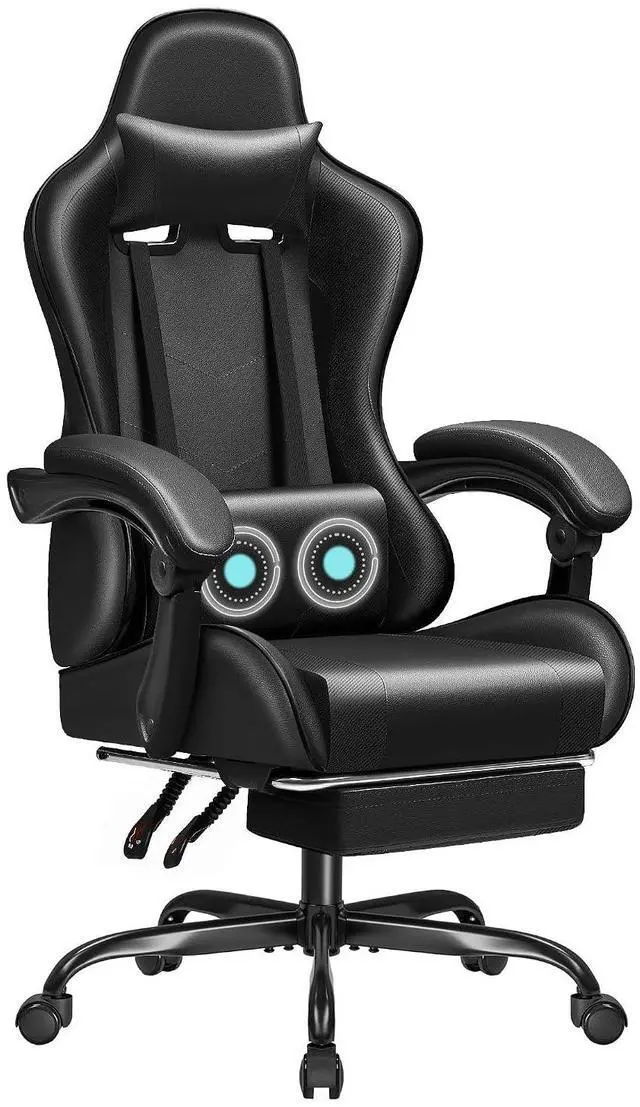 Main image of Gaming Chair Ergonomic Computer Chair with Footrest and Massage Lumbar Support, Height Adjustable Video Gaming Chair with 360° Swivel Seat and Headrest (Black)