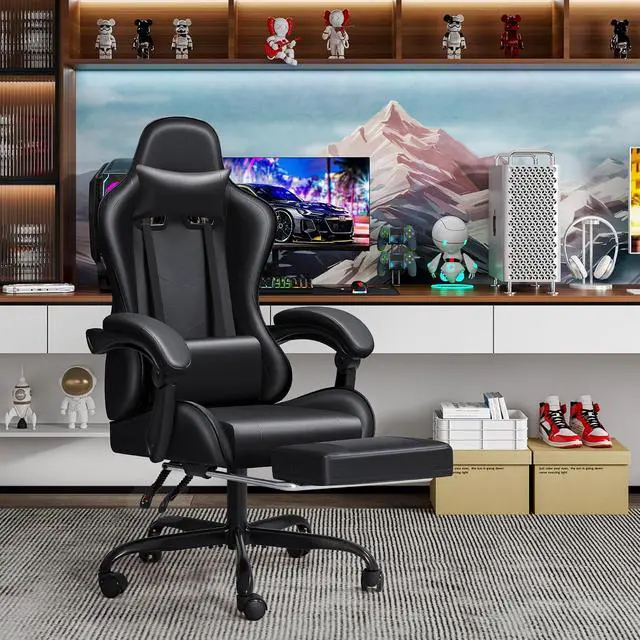 Alt view image 2 of 7 - Gaming Chair Ergonomic Computer Chair with Footrest and Massage Lumbar Support, Height Adjustable Video Gaming Chair with 360° Swivel Seat and Headrest (Black)
