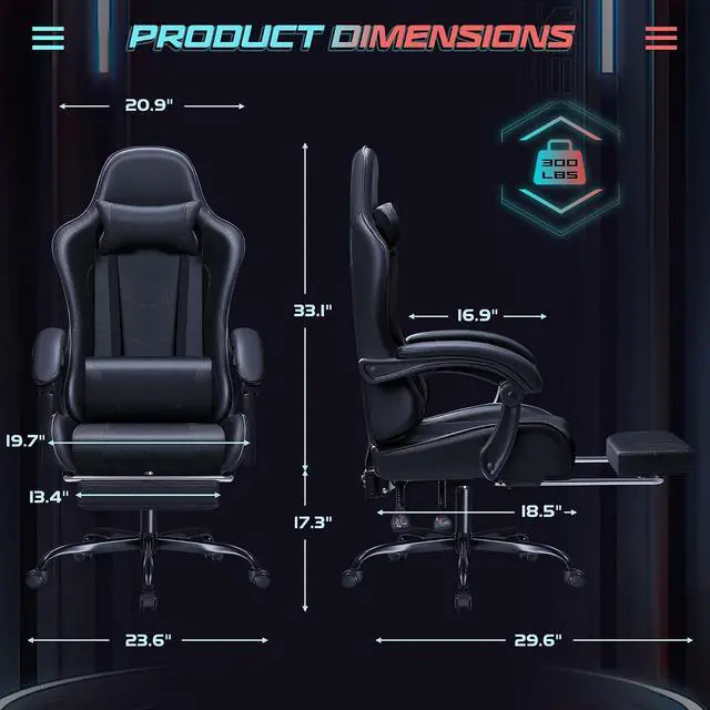 Alt view image 3 of 7 - Gaming Chair Ergonomic Computer Chair with Footrest and Massage Lumbar Support, Height Adjustable Video Gaming Chair with 360° Swivel Seat and Headrest (Black)