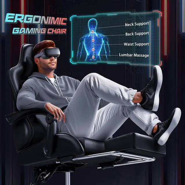 Alt view image 4 of 7 - Gaming Chair Ergonomic Computer Chair with Footrest and Massage Lumbar Support, Height Adjustable Video Gaming Chair with 360° Swivel Seat and Headrest (Black)
