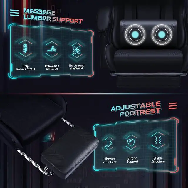 Alt view image 5 of 7 - Gaming Chair Ergonomic Computer Chair with Footrest and Massage Lumbar Support, Height Adjustable Video Gaming Chair with 360° Swivel Seat and Headrest (Black)