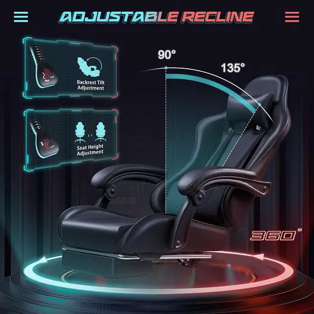 Alt view image 6 of 7 - Gaming Chair Ergonomic Computer Chair with Footrest and Massage Lumbar Support, Height Adjustable Video Gaming Chair with 360° Swivel Seat and Headrest (Black)