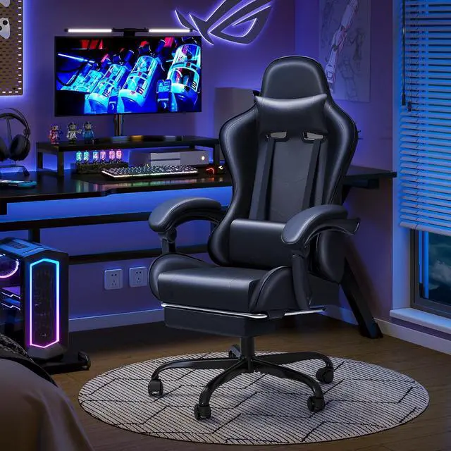 Alt view image 7 of 7 - Gaming Chair Ergonomic Computer Chair with Footrest and Massage Lumbar Support, Height Adjustable Video Gaming Chair with 360° Swivel Seat and Headrest (Black)