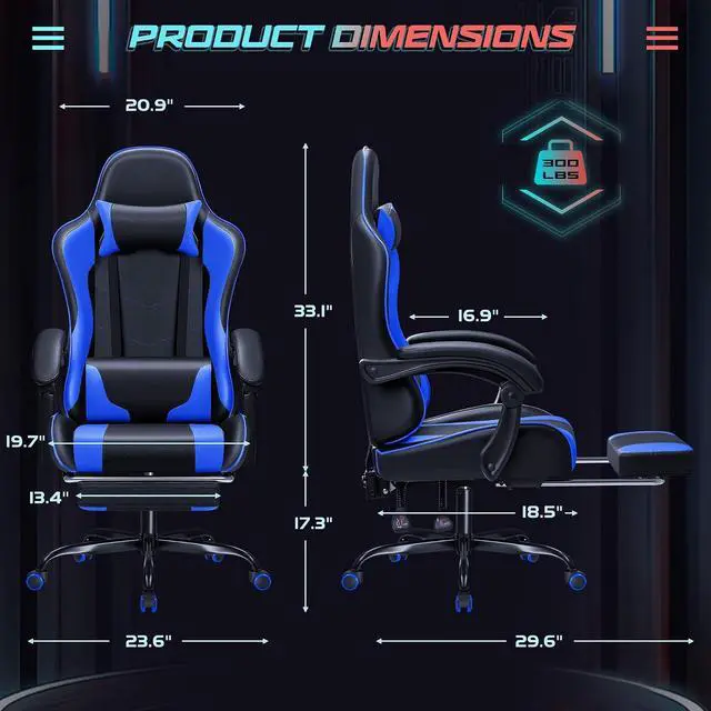Alt view image 3 of 7 - Gaming Chair Ergonomic Computer Chair with Footrest and Massage Lumbar Support, Height Adjustable Video Gaming Chair with 360° Swivel Seat and Headrest (Blue)