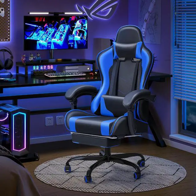 Alt view image 2 of 7 - Gaming Chair Ergonomic Computer Chair with Footrest and Massage Lumbar Support, Height Adjustable Video Gaming Chair with 360° Swivel Seat and Headrest (Blue)