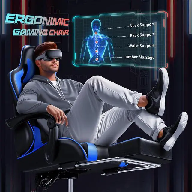 Alt view image 4 of 7 - Gaming Chair Ergonomic Computer Chair with Footrest and Massage Lumbar Support, Height Adjustable Video Gaming Chair with 360° Swivel Seat and Headrest (Blue)