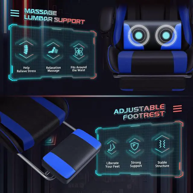 Alt view image 5 of 7 - Gaming Chair Ergonomic Computer Chair with Footrest and Massage Lumbar Support, Height Adjustable Video Gaming Chair with 360° Swivel Seat and Headrest (Blue)
