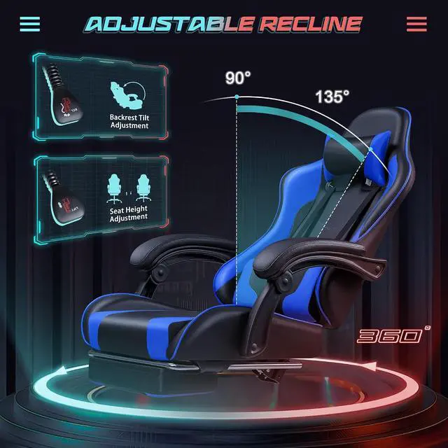 Alt view image 6 of 7 - Gaming Chair Ergonomic Computer Chair with Footrest and Massage Lumbar Support, Height Adjustable Video Gaming Chair with 360° Swivel Seat and Headrest (Blue)
