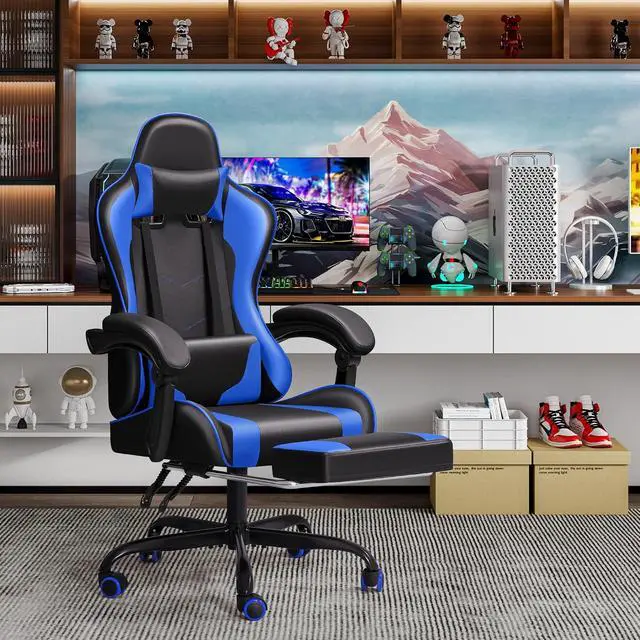 Alt view image 7 of 7 - Gaming Chair Ergonomic Computer Chair with Footrest and Massage Lumbar Support, Height Adjustable Video Gaming Chair with 360° Swivel Seat and Headrest (Blue)