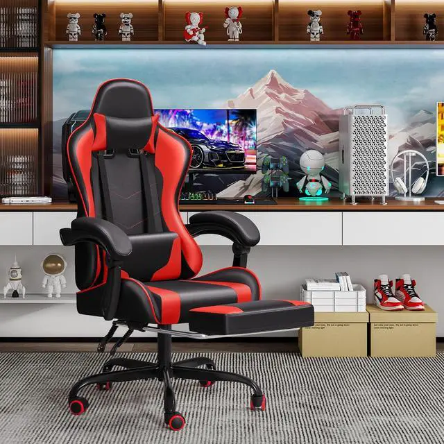 Alt view image 2 of 7 - Gaming Chair Ergonomic Computer Chair with Footrest and Massage Lumbar Support, Height Adjustable Video Gaming Chair with 360° Swivel Seat and Headrest (Red)