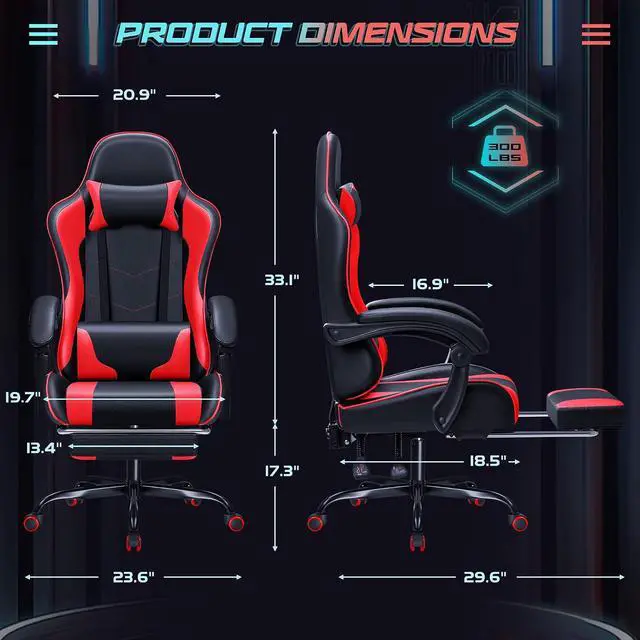 Alt view image 3 of 7 - Gaming Chair Ergonomic Computer Chair with Footrest and Massage Lumbar Support, Height Adjustable Video Gaming Chair with 360° Swivel Seat and Headrest (Red)
