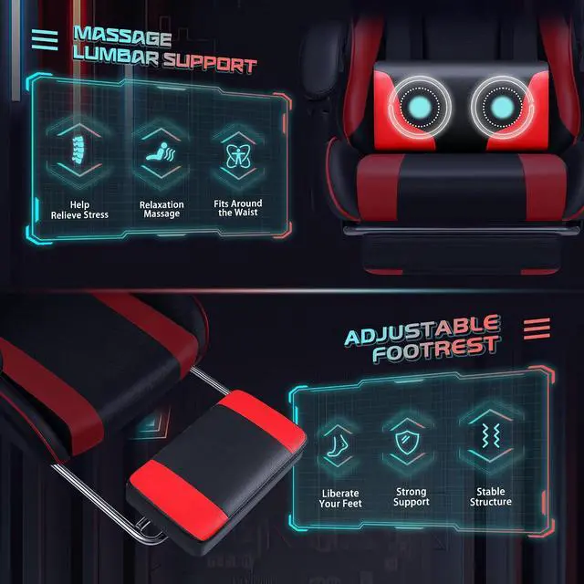 Alt view image 4 of 7 - Gaming Chair Ergonomic Computer Chair with Footrest and Massage Lumbar Support, Height Adjustable Video Gaming Chair with 360° Swivel Seat and Headrest (Red)