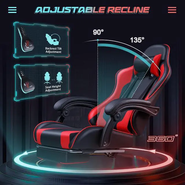 Alt view image 5 of 7 - Gaming Chair Ergonomic Computer Chair with Footrest and Massage Lumbar Support, Height Adjustable Video Gaming Chair with 360° Swivel Seat and Headrest (Red)