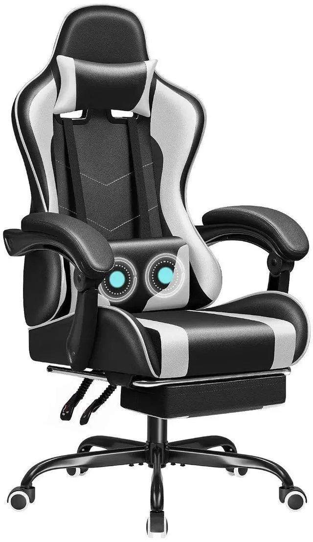 Main image of Gaming Chair Ergonomic Computer Chair with Footrest and Massage Lumbar Support, Height Adjustable Video Gaming Chair with 360° Swivel Seat and Headrest (White)