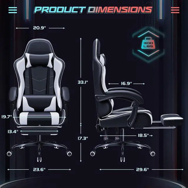 Alt view image 3 of 7 - Gaming Chair Ergonomic Computer Chair with Footrest and Massage Lumbar Support, Height Adjustable Video Gaming Chair with 360° Swivel Seat and Headrest (White)