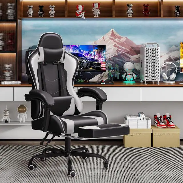 Alt view image 2 of 7 - Gaming Chair Ergonomic Computer Chair with Footrest and Massage Lumbar Support, Height Adjustable Video Gaming Chair with 360° Swivel Seat and Headrest (White)
