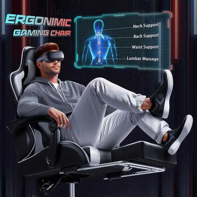 Alt view image 4 of 7 - Gaming Chair Ergonomic Computer Chair with Footrest and Massage Lumbar Support, Height Adjustable Video Gaming Chair with 360° Swivel Seat and Headrest (White)