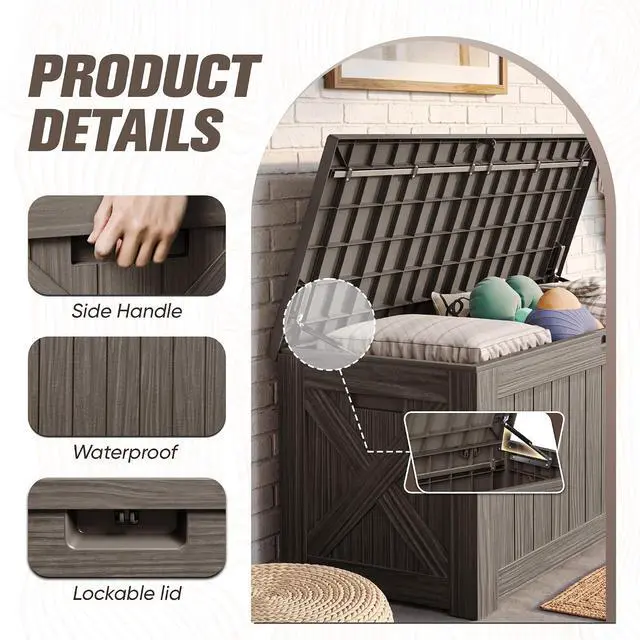Alt view image 2 of 7 - 120 Gallon Resin Deck Box, Large Outdoor Storage Box Waterproof & Lockable for Garden, Patio, Pools (Deep Brown)