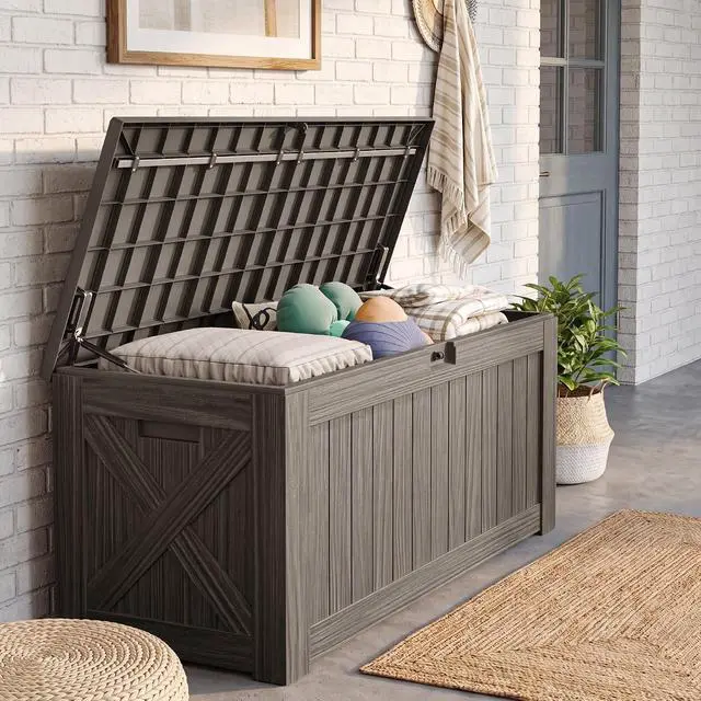 Alt view image 4 of 7 - 120 Gallon Resin Deck Box, Large Outdoor Storage Box Waterproof & Lockable for Garden, Patio, Pools (Deep Brown)