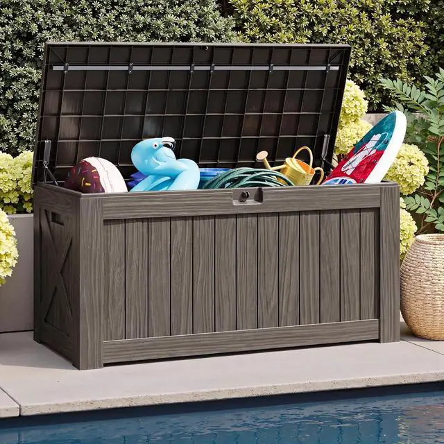 Alt view image 5 of 7 - 120 Gallon Resin Deck Box, Large Outdoor Storage Box Waterproof & Lockable for Garden, Patio, Pools (Deep Brown)