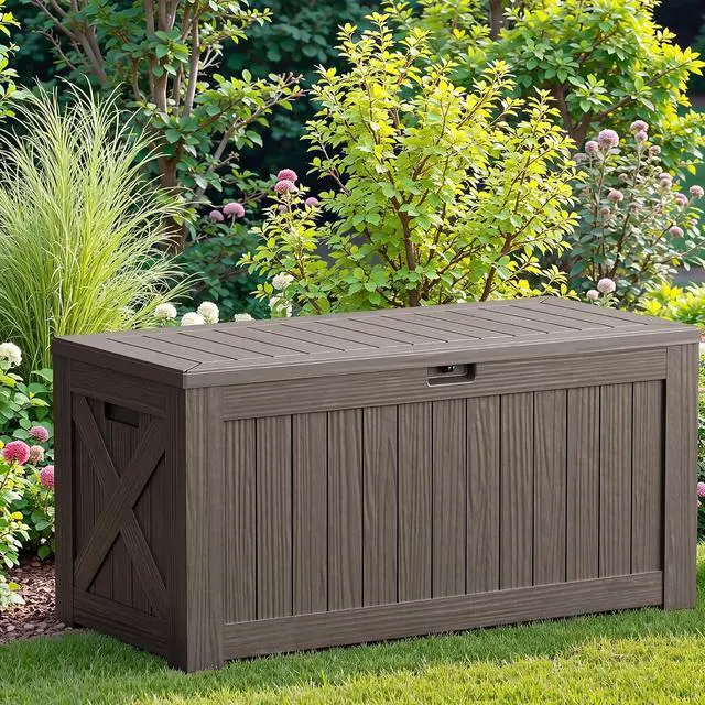 Alt view image 7 of 7 - 120 Gallon Resin Deck Box, Large Outdoor Storage Box Waterproof & Lockable for Garden, Patio, Pools (Deep Brown)