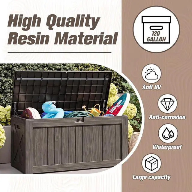 Alt view image 3 of 7 - 120 Gallon Resin Deck Box, Large Outdoor Storage Box Waterproof & Lockable for Garden, Patio, Pools (Deep Brown)