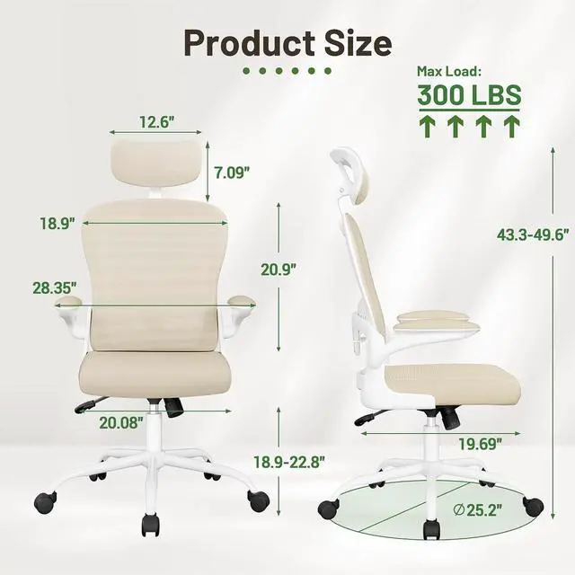 Alt view image 3 of 7 - Ergonomic Office Chair Executive High Back Computer Desk Chair with 3D Adjustable Headrest, Adjustable Lumbar Support Armrests for Home Office (Light Beige)