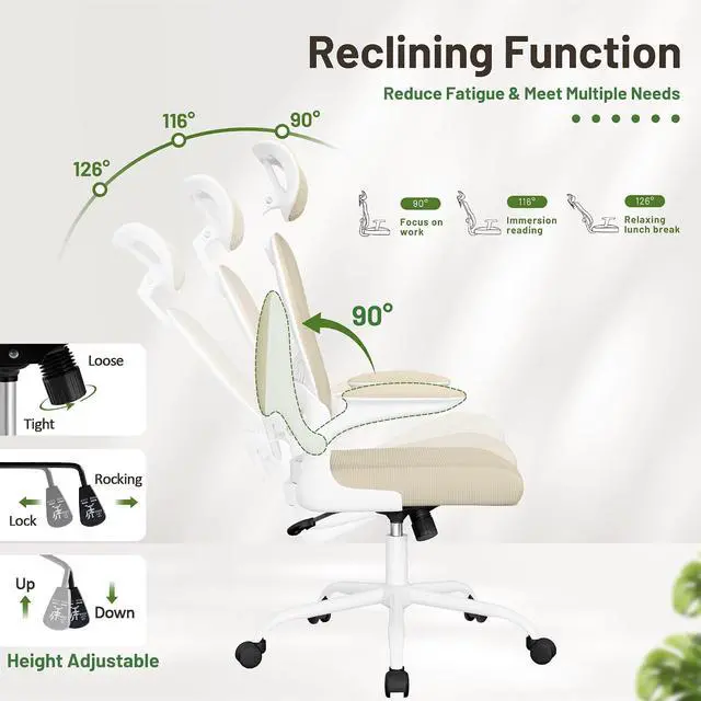 Alt view image 4 of 7 - Ergonomic Office Chair Executive High Back Computer Desk Chair with 3D Adjustable Headrest, Adjustable Lumbar Support Armrests for Home Office (Light Beige)