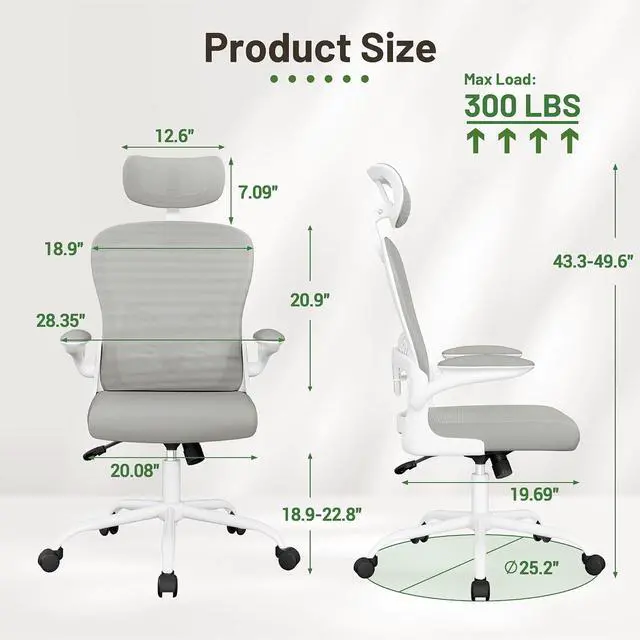 Alt view image 3 of 7 - Ergonomic Office Chair Executive High Back Computer Desk Chair with 3D Adjustable Headrest, Adjustable Lumbar Support Armrests for Home Office (Light Gray)