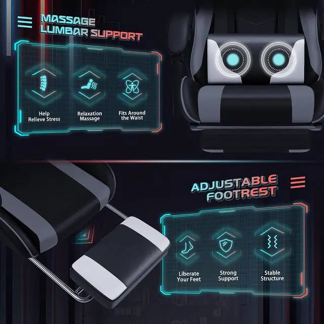 Alt view image 5 of 7 - Gaming Chair Ergonomic Computer Chair with Footrest and Massage Lumbar Support, Height Adjustable Video Gaming Chair with 360° Swivel Seat and Headrest (White)