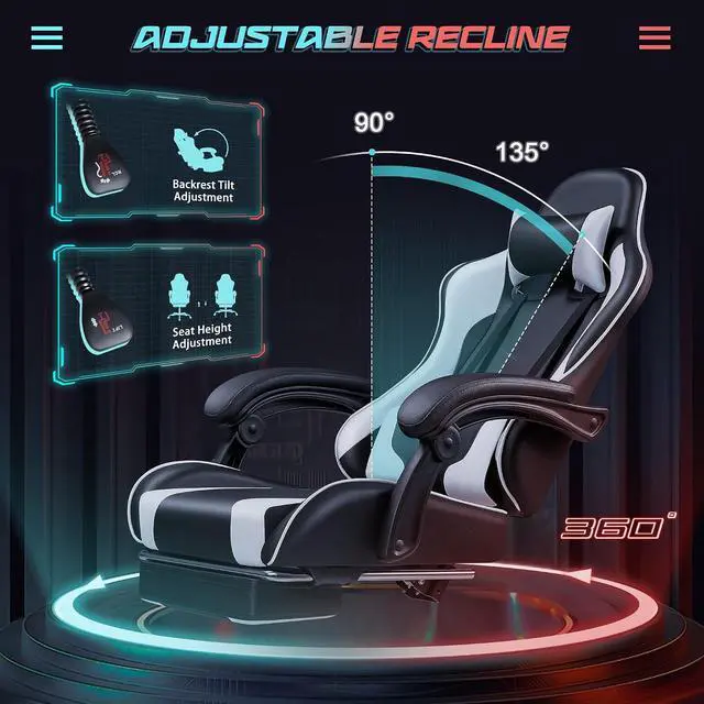 Alt view image 6 of 7 - Gaming Chair Ergonomic Computer Chair with Footrest and Massage Lumbar Support, Height Adjustable Video Gaming Chair with 360° Swivel Seat and Headrest (White)