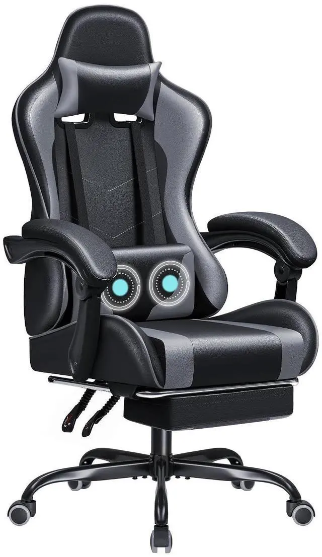 Main image of Gaming Chair Ergonomic Computer Chair with Footrest and Massage Lumbar Support, Height Adjustable Video Gaming Chair with 360° Swivel Seat and Headrest (Grey)