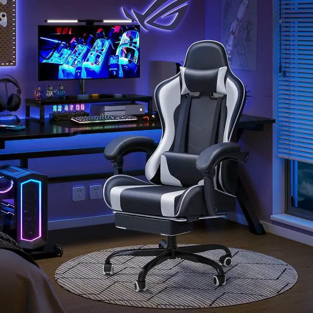 Alt view image 7 of 7 - Gaming Chair Ergonomic Computer Chair with Footrest and Massage Lumbar Support, Height Adjustable Video Gaming Chair with 360° Swivel Seat and Headrest (White)