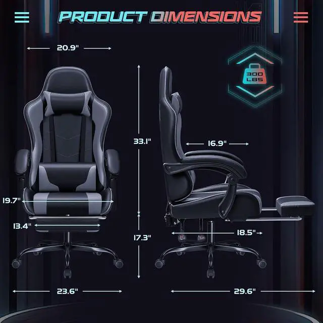 Alt view image 3 of 7 - Gaming Chair Ergonomic Computer Chair with Footrest and Massage Lumbar Support, Height Adjustable Video Gaming Chair with 360° Swivel Seat and Headrest (Grey)