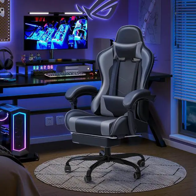 Alt view image 7 of 7 - Gaming Chair Ergonomic Computer Chair with Footrest and Massage Lumbar Support, Height Adjustable Video Gaming Chair with 360° Swivel Seat and Headrest (Grey)