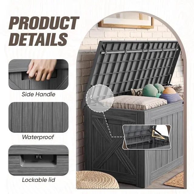 Alt view image 2 of 7 - 120 Gallon Resin Deck Box, Large Outdoor Storage Box Waterproof & Lockable for Garden, Patio, Pools (Gray)