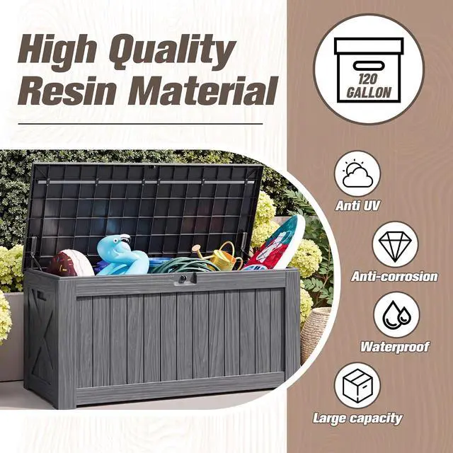 Alt view image 3 of 7 - 120 Gallon Resin Deck Box, Large Outdoor Storage Box Waterproof & Lockable for Garden, Patio, Pools (Gray)