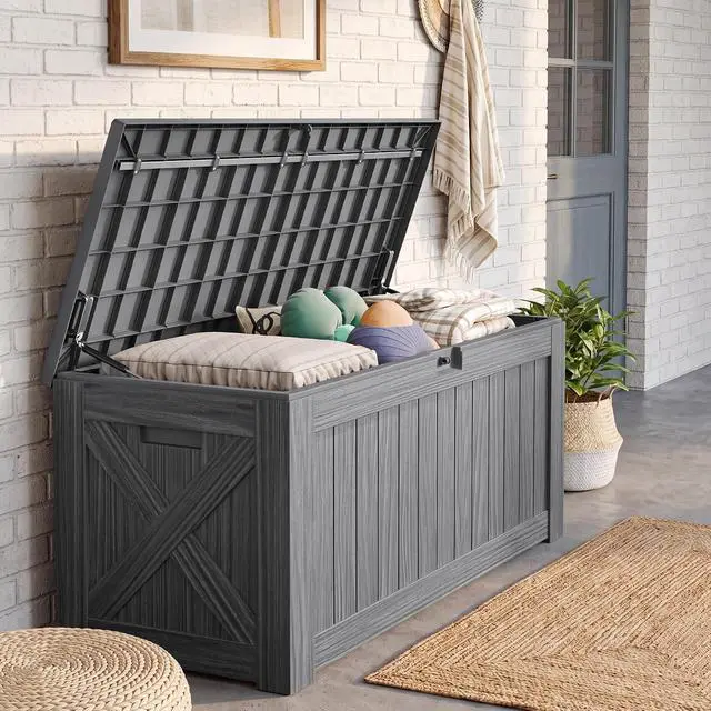 Alt view image 4 of 7 - 120 Gallon Resin Deck Box, Large Outdoor Storage Box Waterproof & Lockable for Garden, Patio, Pools (Gray)