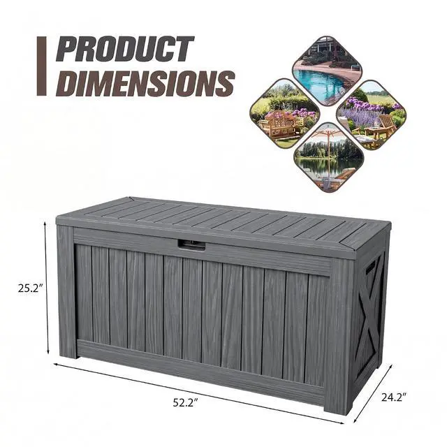 Alt view image 6 of 7 - 120 Gallon Resin Deck Box, Large Outdoor Storage Box Waterproof & Lockable for Garden, Patio, Pools (Gray)