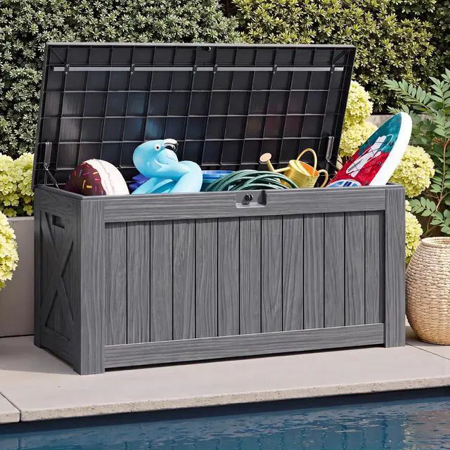 Alt view image 5 of 7 - 120 Gallon Resin Deck Box, Large Outdoor Storage Box Waterproof & Lockable for Garden, Patio, Pools (Gray)