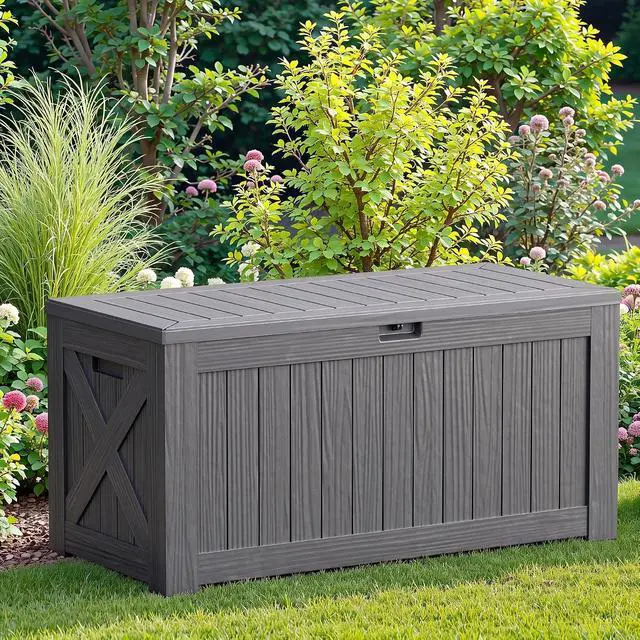 Alt view image 7 of 7 - 120 Gallon Resin Deck Box, Large Outdoor Storage Box Waterproof & Lockable for Garden, Patio, Pools (Gray)