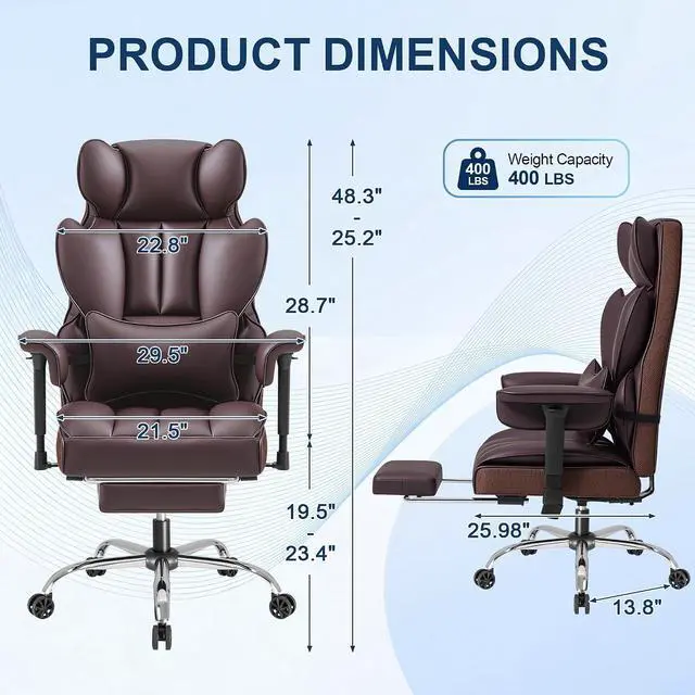 Alt view image 3 of 7 - Big and Tall Gaming Chair Executive Ergonomic Office Chair with Foot Rest, Leather High Back 400LBS Heavy Duty Computer Chair with Lumbar Support